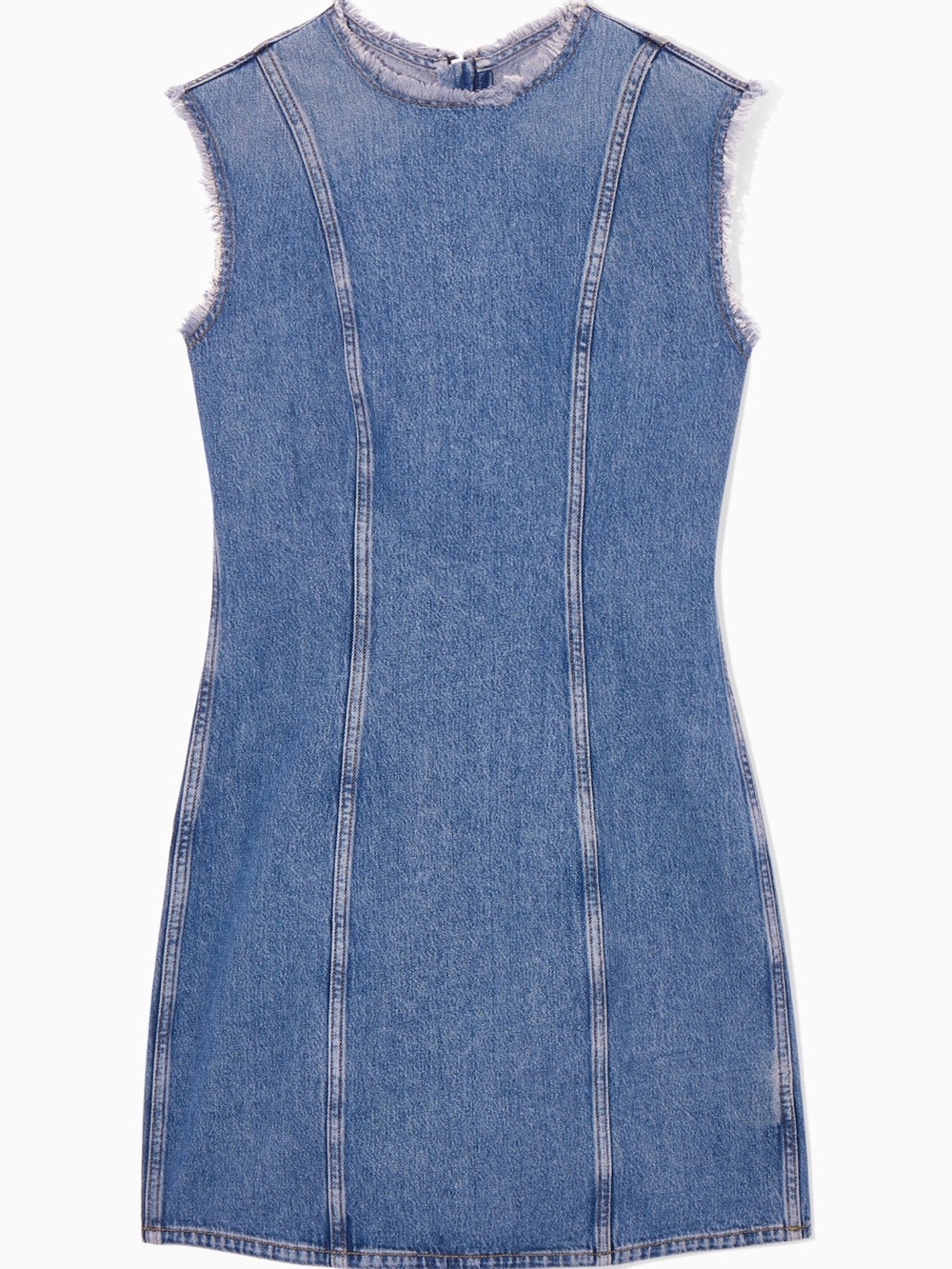 COS Panelled Denim Mini Dress Women Size 14 Blue NWT Frayed Edges Tailored Fit